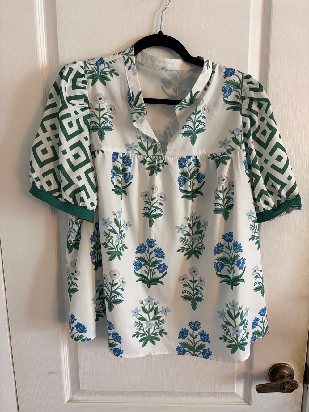 SHEIN White Blouse with Green & Blue Floral Print